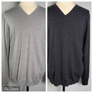 Pronto Uomo 100% Extra Fine Merino Wool 2 Light/Dark Gray Sz XL V-Neck Sweaters